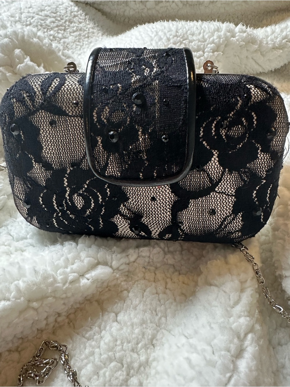 Shi by JOURNEYS Black Lace Floral Clutch with Chain